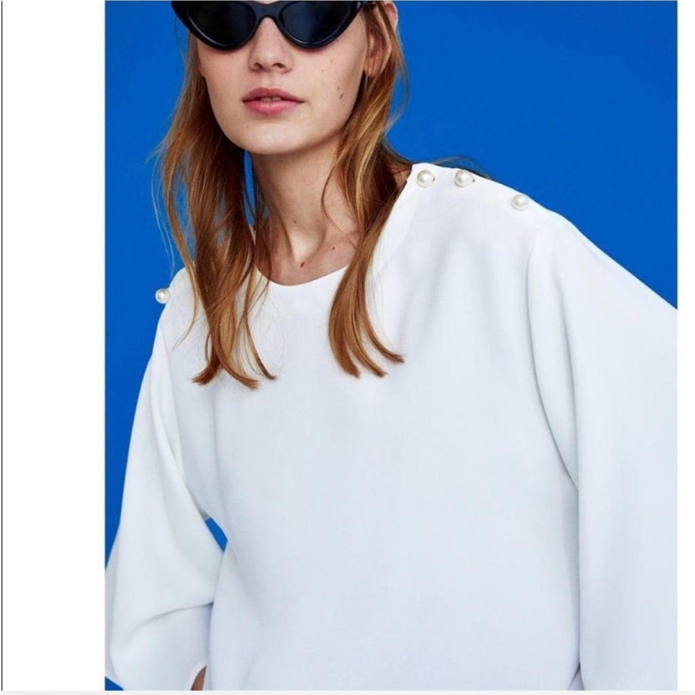 Zara White Top with Pearl Button Accents Small